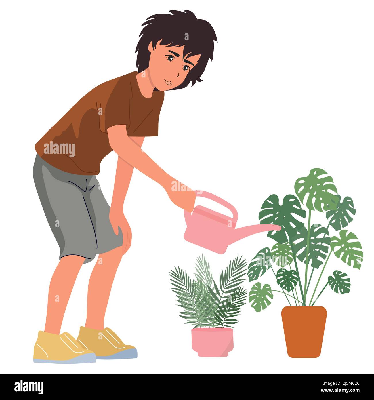 The guy is watering indoor plants.Ecology and environmental protection
