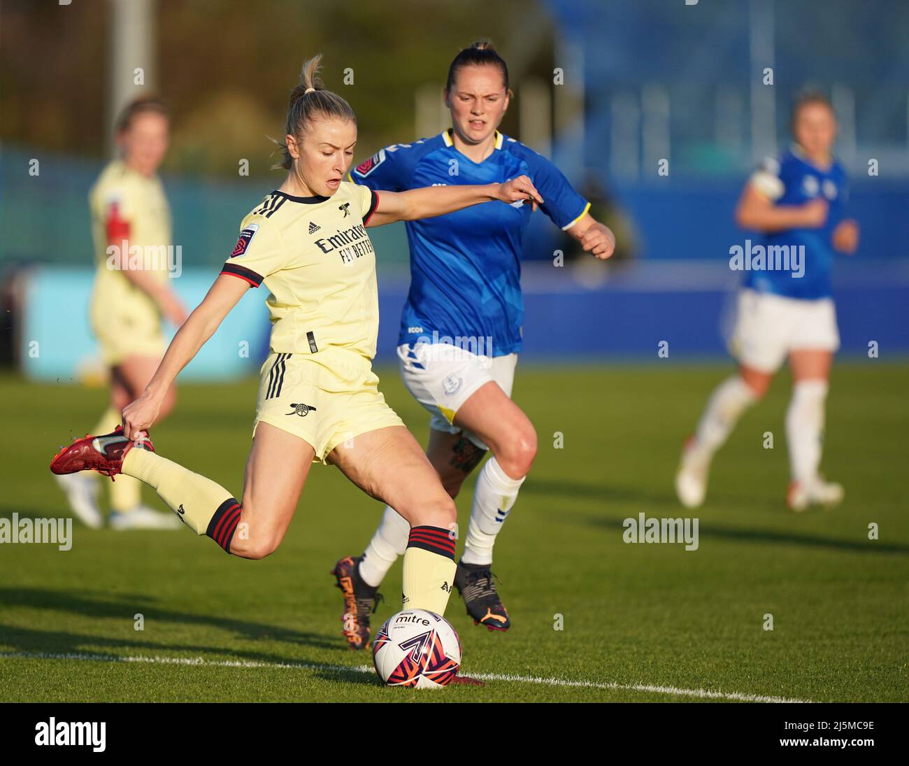 Arsenal's Leah Williamson (left) and Everton's Lucy Graham battle for the ball during the Barclays FA Women's Super League match at Walton Hall Park, Liverpool. Picture date: Sunday April 24, 2022. Stock Photo