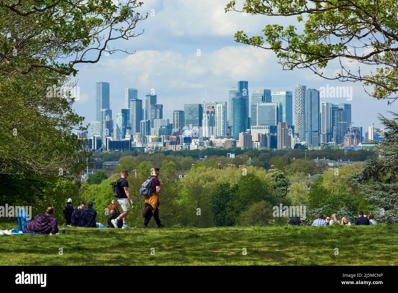 The view from Greenwich Park, South East London UK, looking towards Canary Wharf and the Isle of Dogs Stock Photo