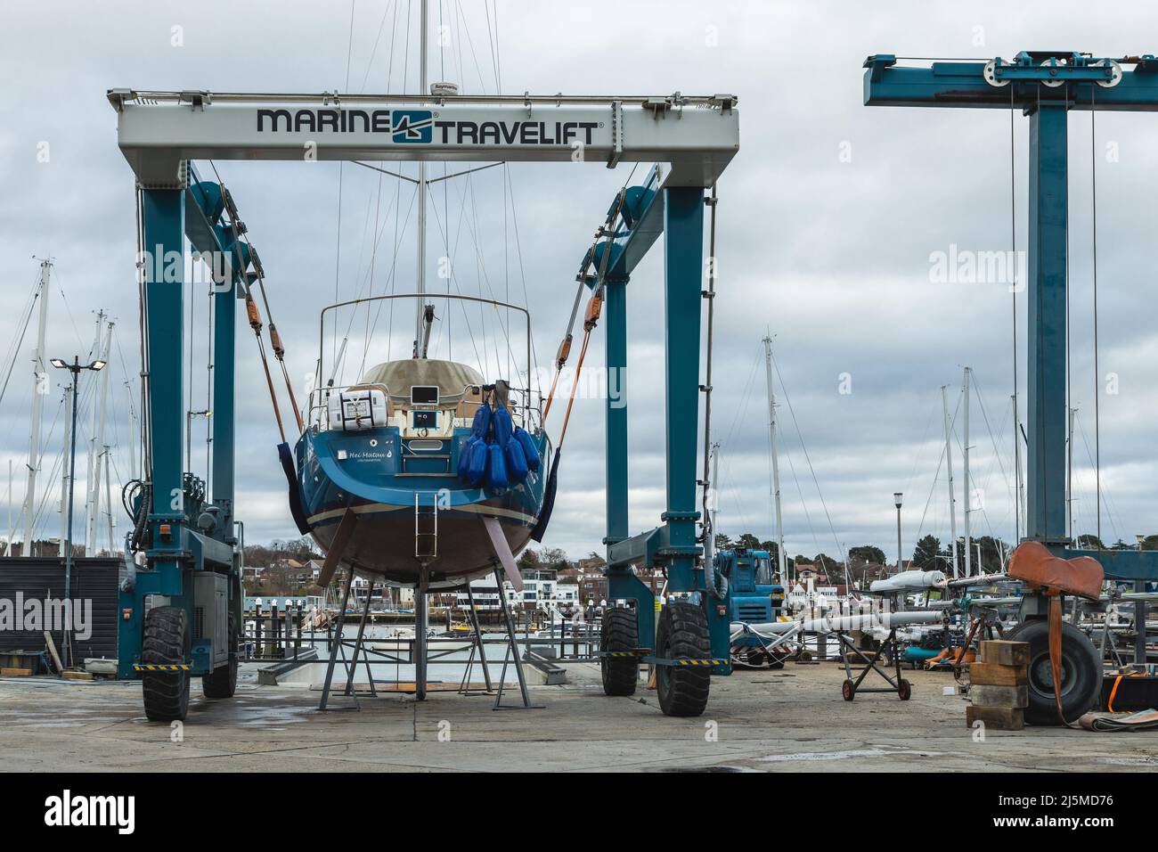 Marina heavy industrial boat lift equipment, the marine travelift can lift in excess of 25-100 tons to facilitate maintenance of sail boats and yacht Stock Photo