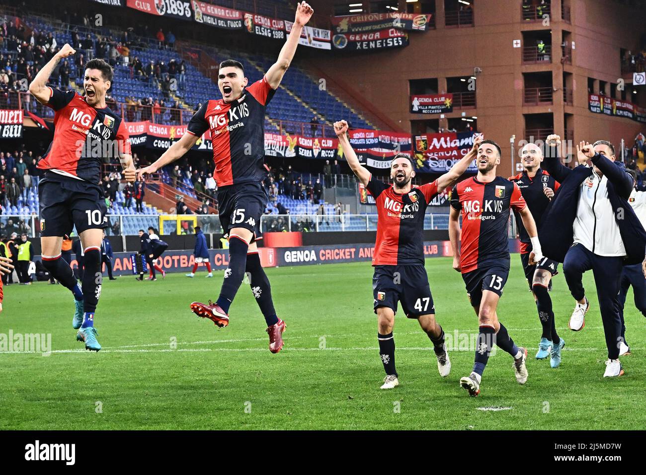 Genoa, Italy. 24 April 2022. Players of Genoa CFC celebrate the