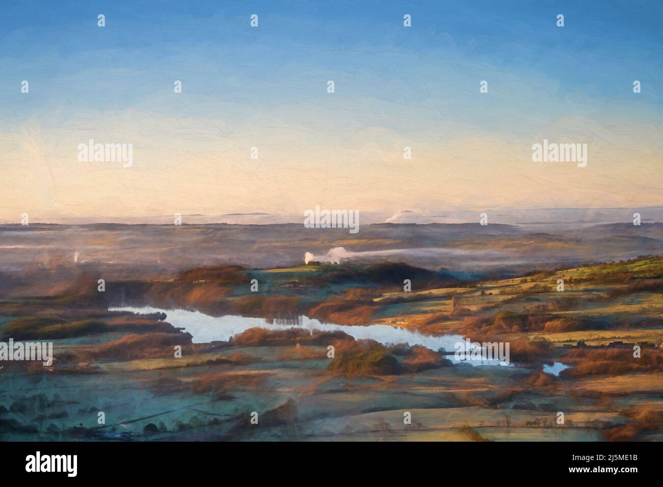 Fine art, artwork. Digital oil painting of Tittesworth Reservoir from The Roaches, with the Long Mynd, and The Wrekin in the distance at sunrise in th Stock Photo