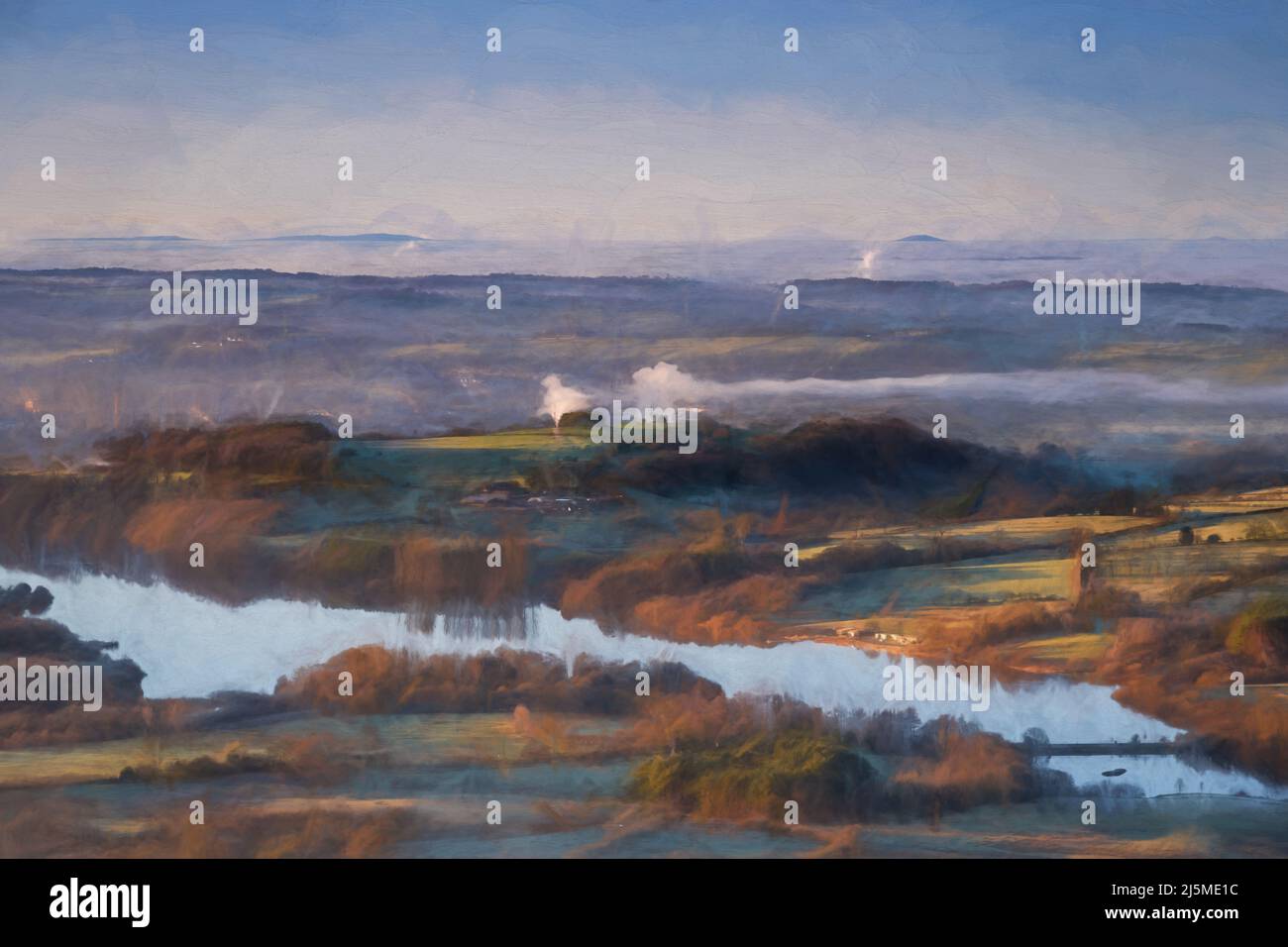 Fine art, artwork. Digital oil painting of Tittesworth Reservoir from The Roaches, with the Long Mynd, and The Wrekin in the distance at sunrise in th Stock Photo