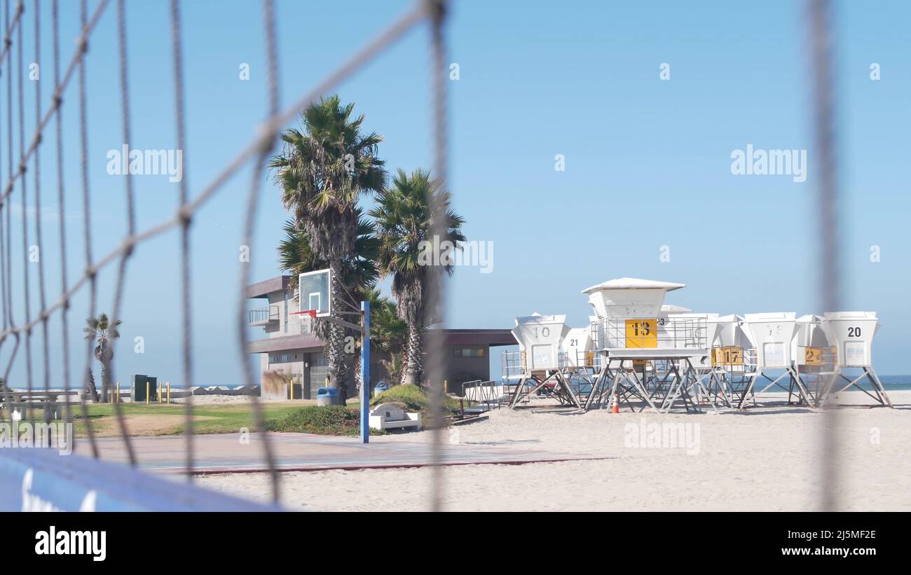 Volley ball net on court for volleyball game on beach, California coast
