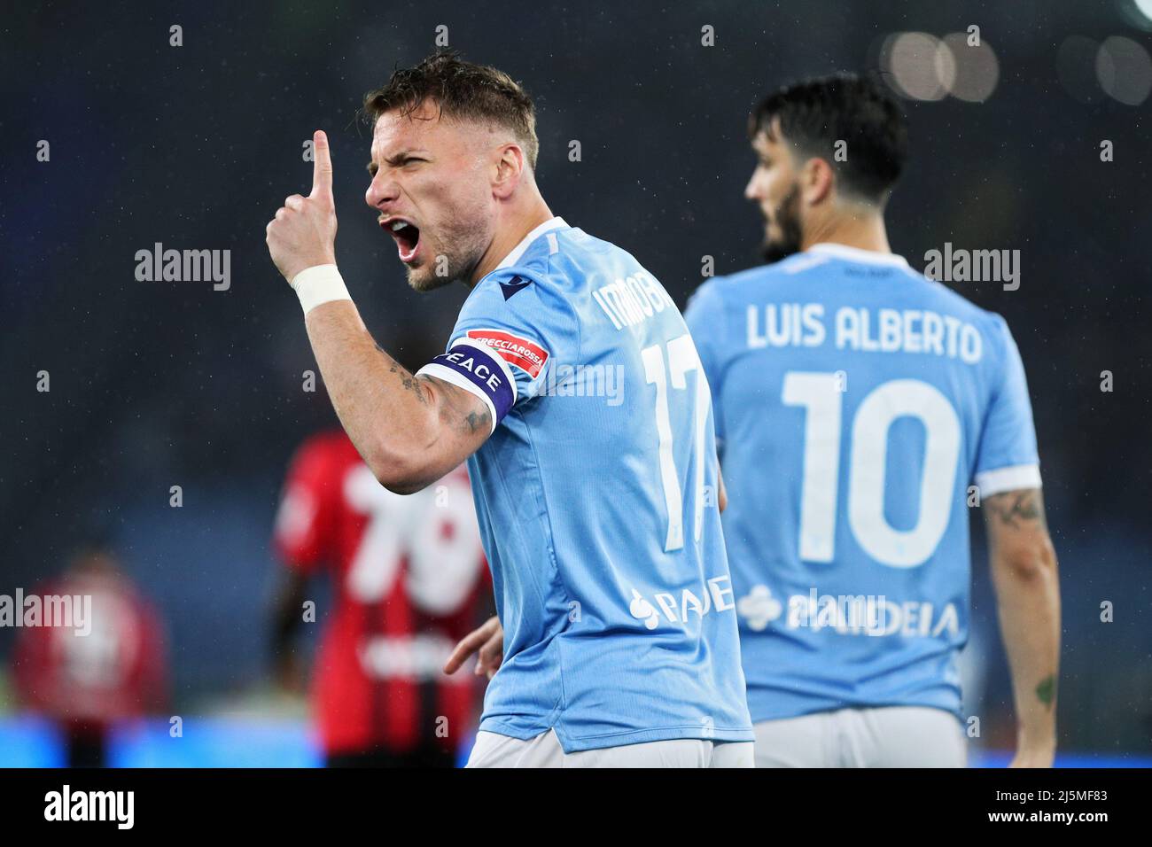 Ciro Immobile of Lazio celebrates after scoring 1-0 goal during the Italian championship Serie A football match between SS Lazio and AC Milan on April 24, 2022 at Stadio Olimpico in Rome, Italy - Photo Federico Proietti / DPPI Stock Photo