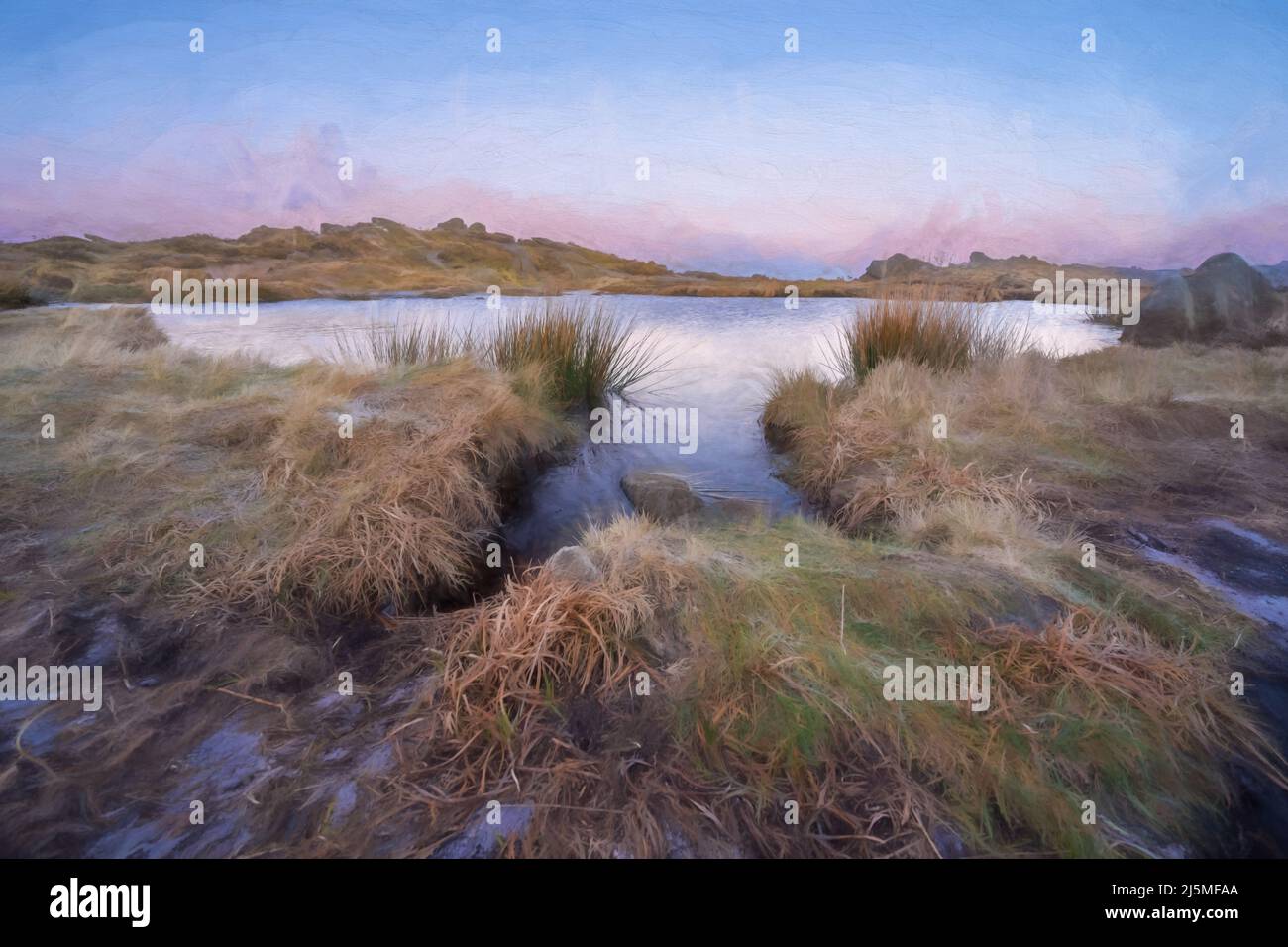Rural landscape. Fine art digital oil painting of sunrise at Doxey Pool