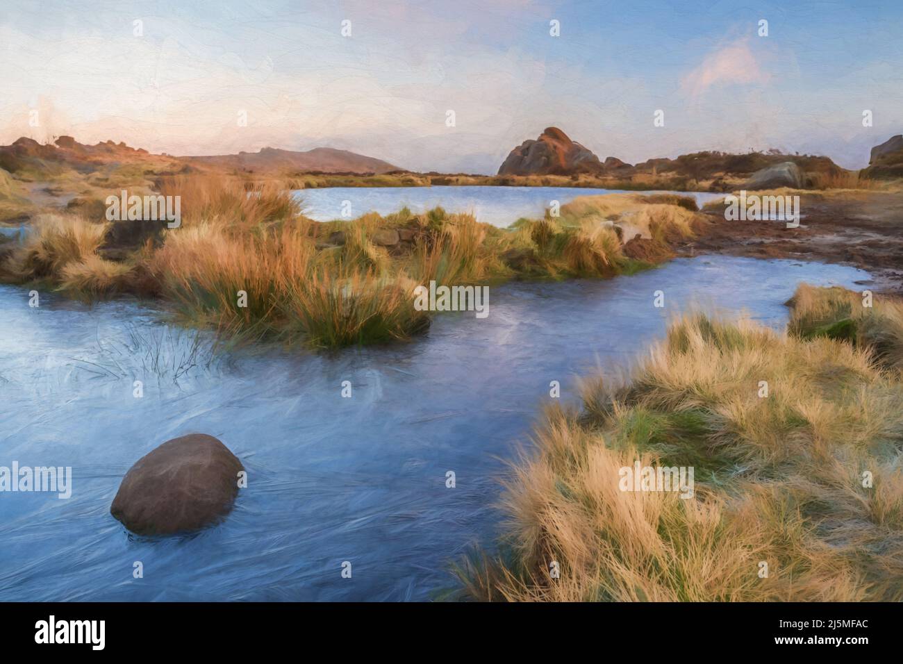 Fine art, artwork. Digital oil painting of sunrise at Doxey Pool on The Roaches, in the Staffordshire Peak District National Park. Stock Photo