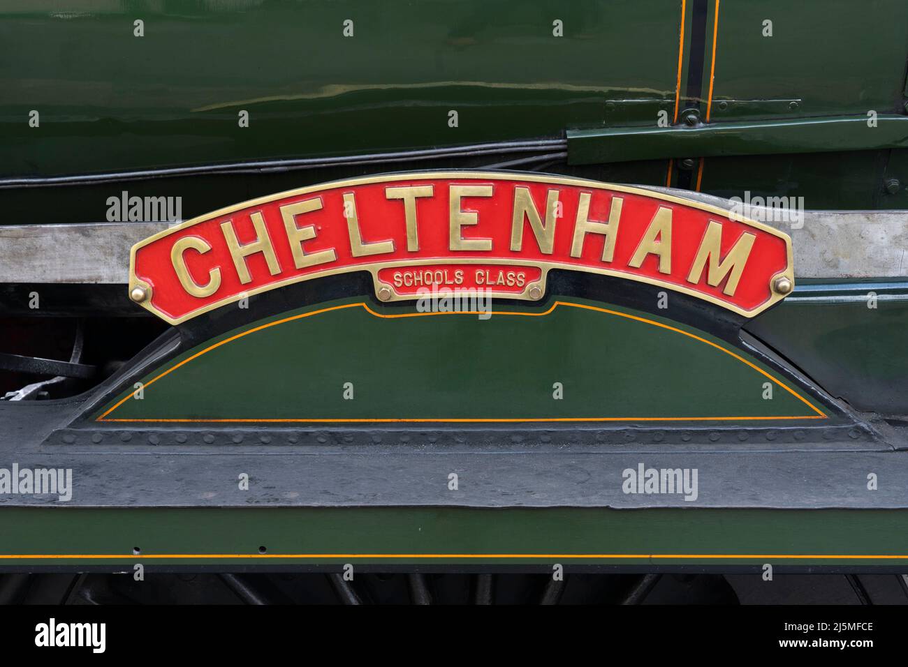 Closeup on the nameplate of the 30925 Cheltenham Schools Class steam locomotive that runs on the heritage Watercress Line. Hampshire, England Stock Photo