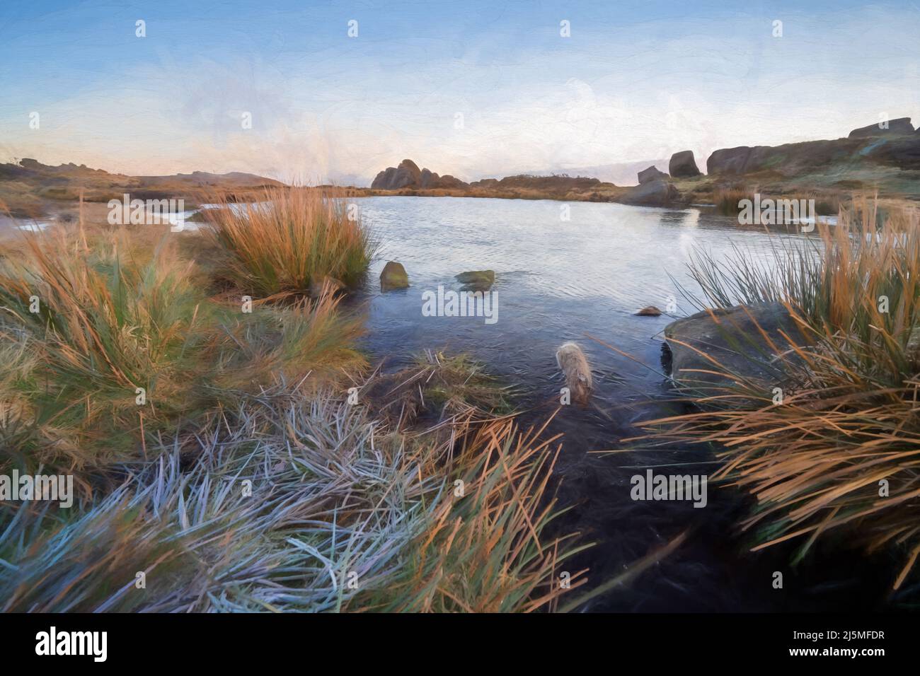 Rural landscape. Fine art digital oil painting of sunrise at Doxey Pool