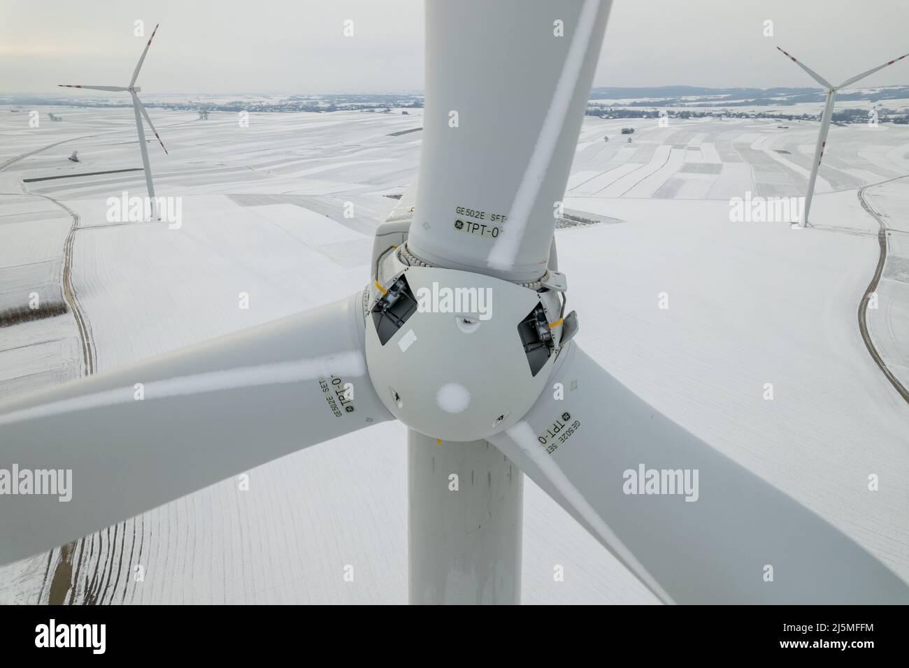 Aerial view of windmill on the windfarm during winter Stock Photo