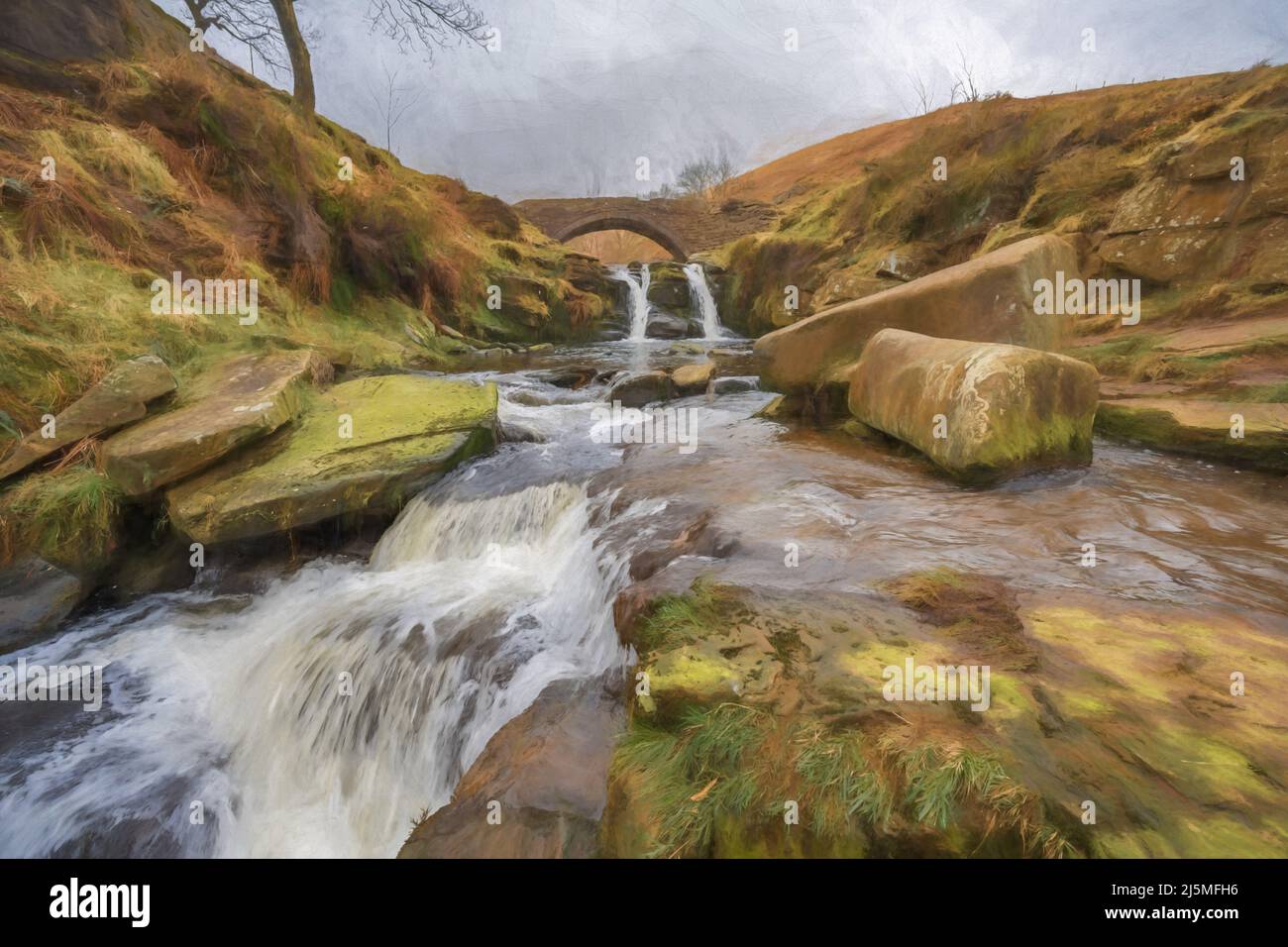 Fine art poster. Digital abstract oil painting of Three Shire Heads. A stone packhorse bridge in the Peak District National Park. Stock Photo