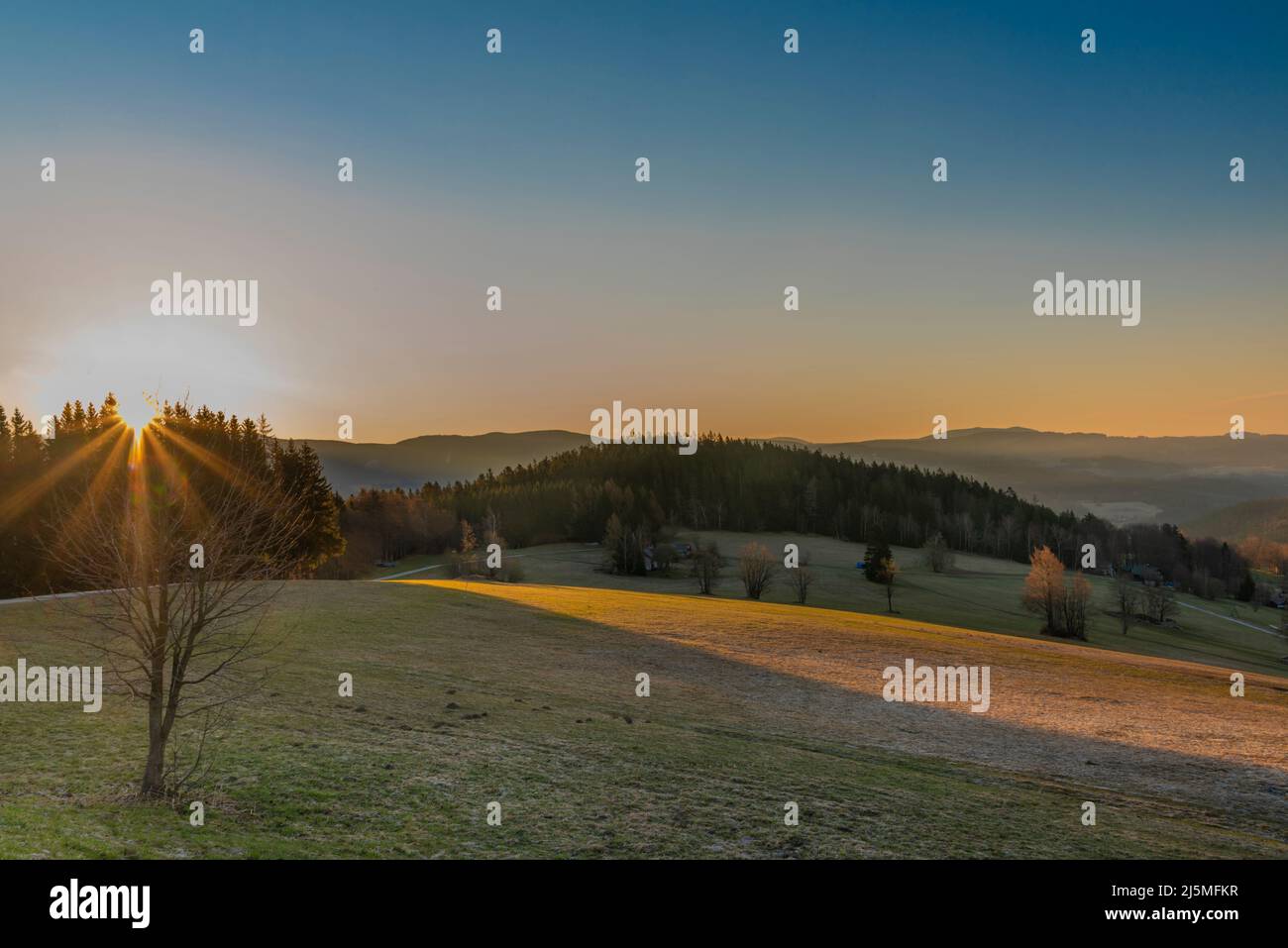 Spring sunny frosty morning in Paseky nad Jizerou village in Krkonose  mountains Stock Photo - Alamy