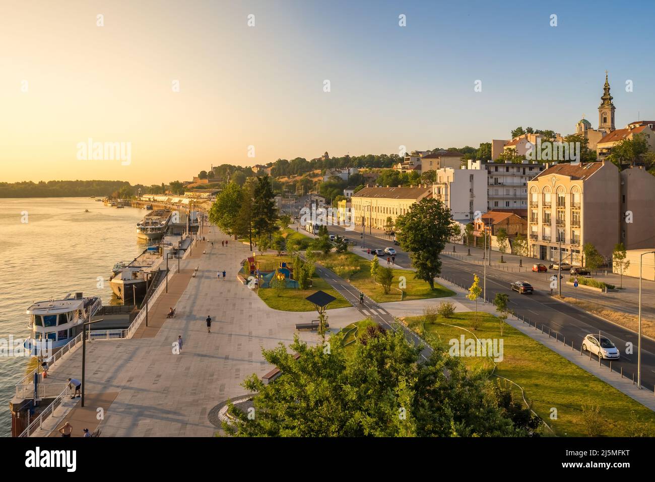 Belgrade cityscape with Cathedral and waterfront of Sava river, Serbia Stock Photo