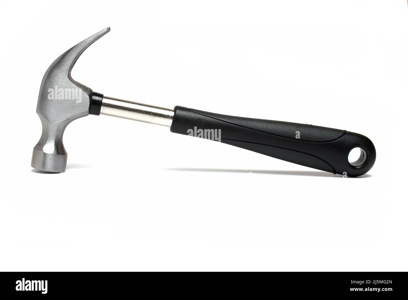 Close up of curved silver metal claw hammer with black rubber handle on