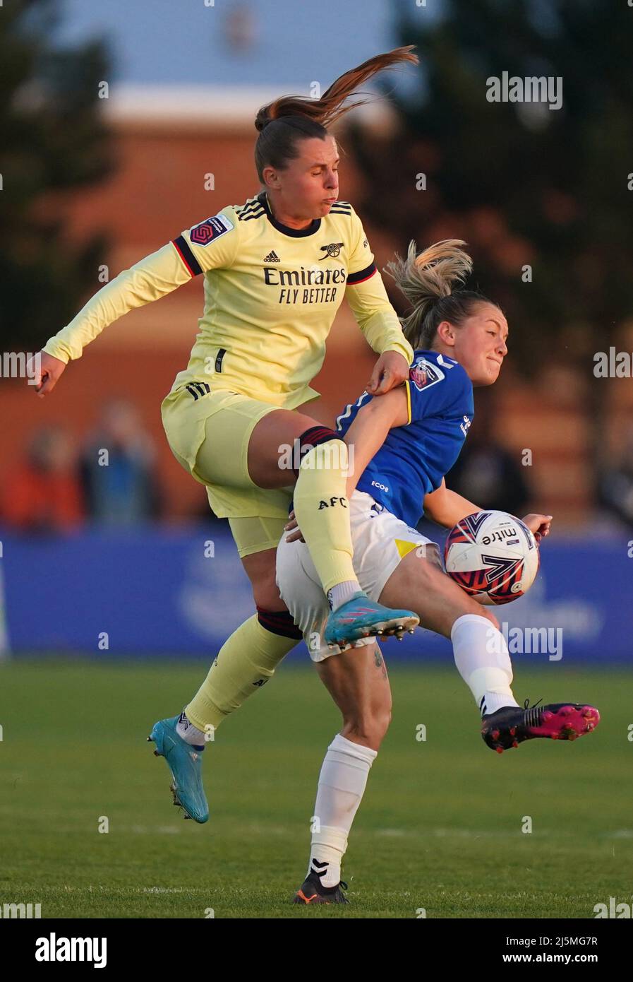 Arsenal's Noelle Maritz and Everton's Lucy Graham battle for the ball during the Barclays FA Women's Super League match at Walton Hall Park, Liverpool. Picture date: Sunday April 24, 2022. Stock Photo