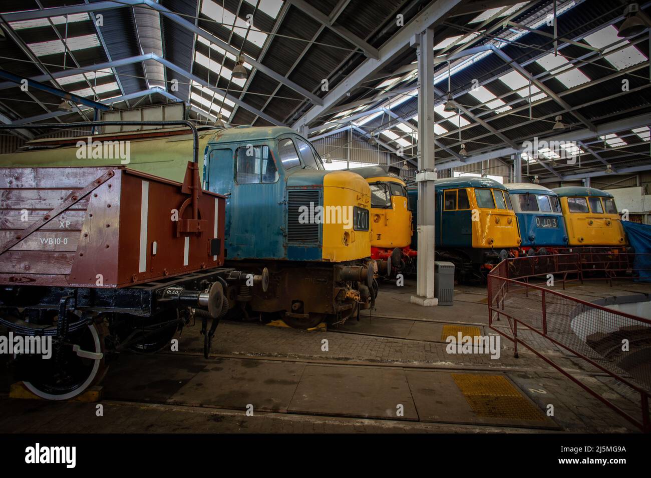 Locomotive preservation at Barrow Hill Roundhouse, Derbyshire, April 2022. Class 02, 03, 08 20, 45, 82, 55, 89, 47, 91 Stock Photo