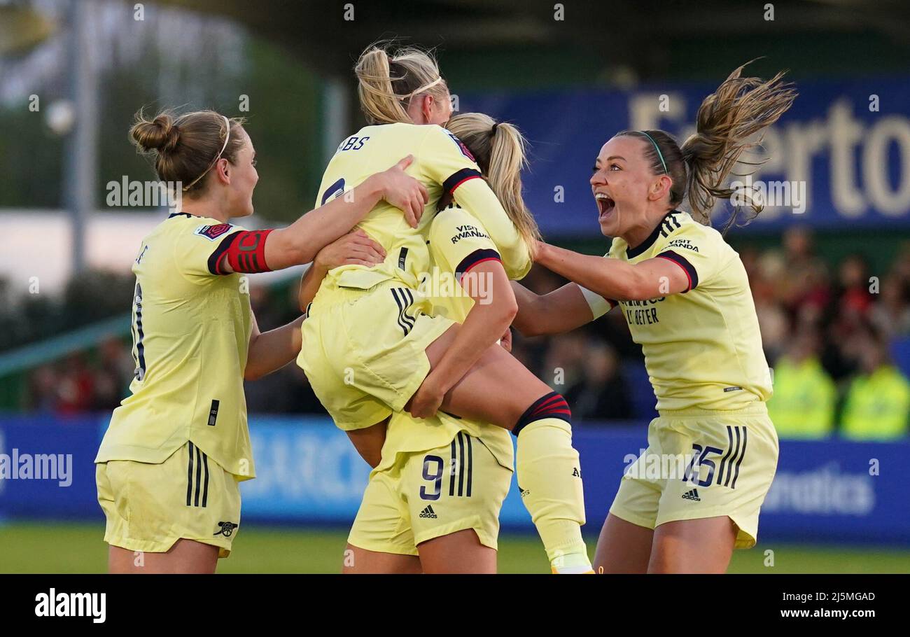 Arsenal's Jordan Nobbs celebrates after scoring their side's third goal of the game with teammates during the Barclays FA Women's Super League match at Walton Hall Park, Liverpool. Picture date: Sunday April 24, 2022. Stock Photo