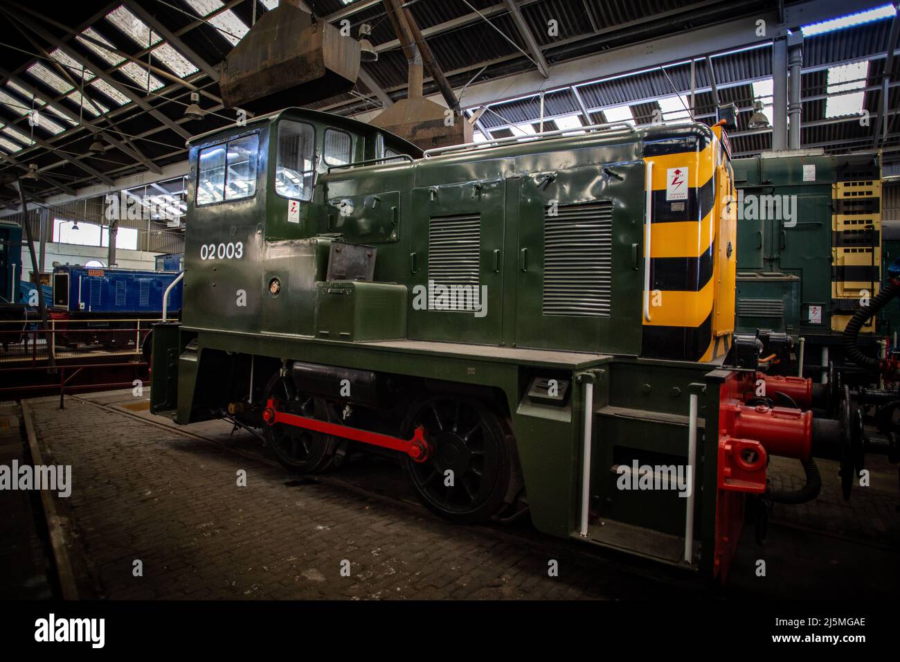 Locomotive preservation at Barrow Hill Roundhouse, Derbyshire, April 2022. Class 02, 03, 08 20, 45, 82, 55, 89, 47, 91 Stock Photo