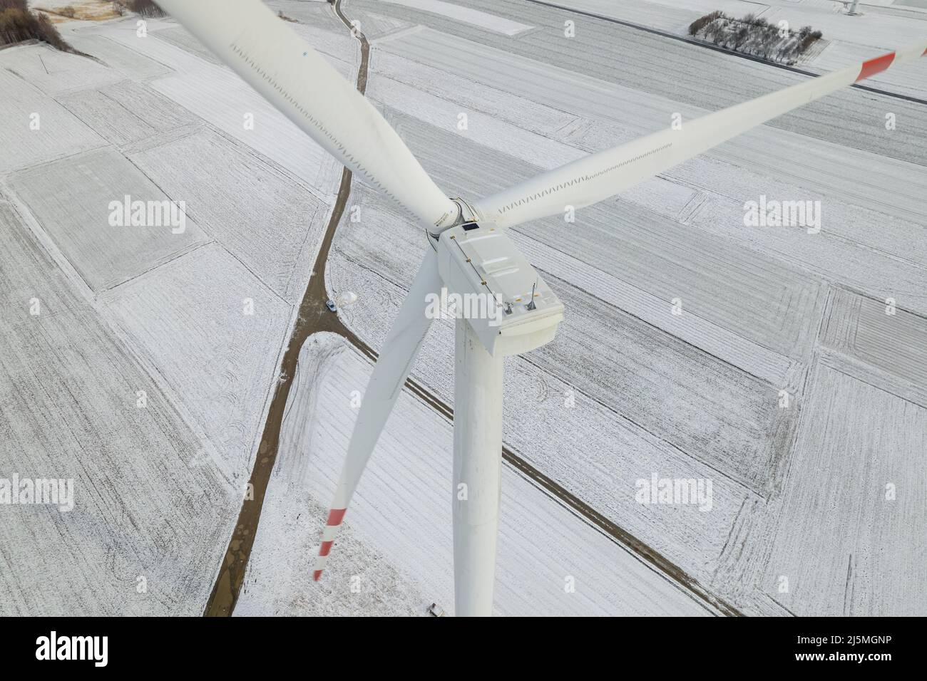 Aerial view of windmill on the windfarm during winter Stock Photo