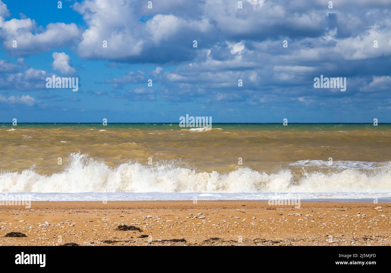 Empty beach view with shore water, summer landscape photo taken at the Black Sea coast on a sunny day, Crimea Stock Photo