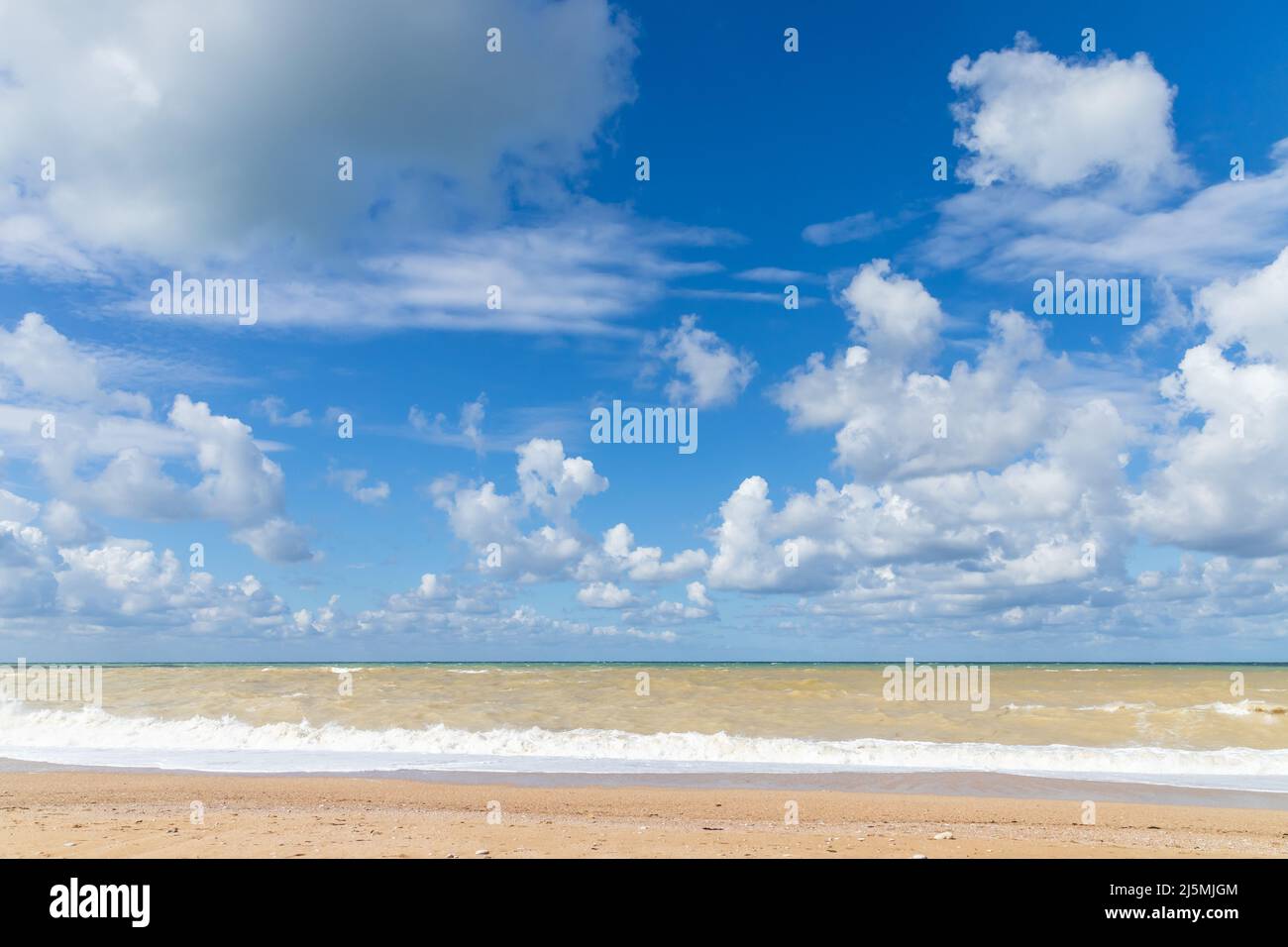 Empty beach landscape with shore water, natural photo taken at the Black Sea coast on a sunny summer day, Crimea Stock Photo