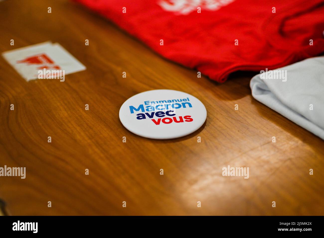 Paris, France. April 24, 2022, Clermont Ferrand, Auvergne Rhone Alpes, France: A pins. Electoral evening with EMMANUEL MACRON S supporters, at the Maison du peuple in Clermont-Ferrand. Second round of the Presidential election in France, French people are called to choose between EMMANUEL MACRON and MARINE LE PEN. (Credit Image: © Adrien Fillon/ZUMA Press Wire) Credit: ZUMA Press, Inc./Alamy Live News Stock Photo