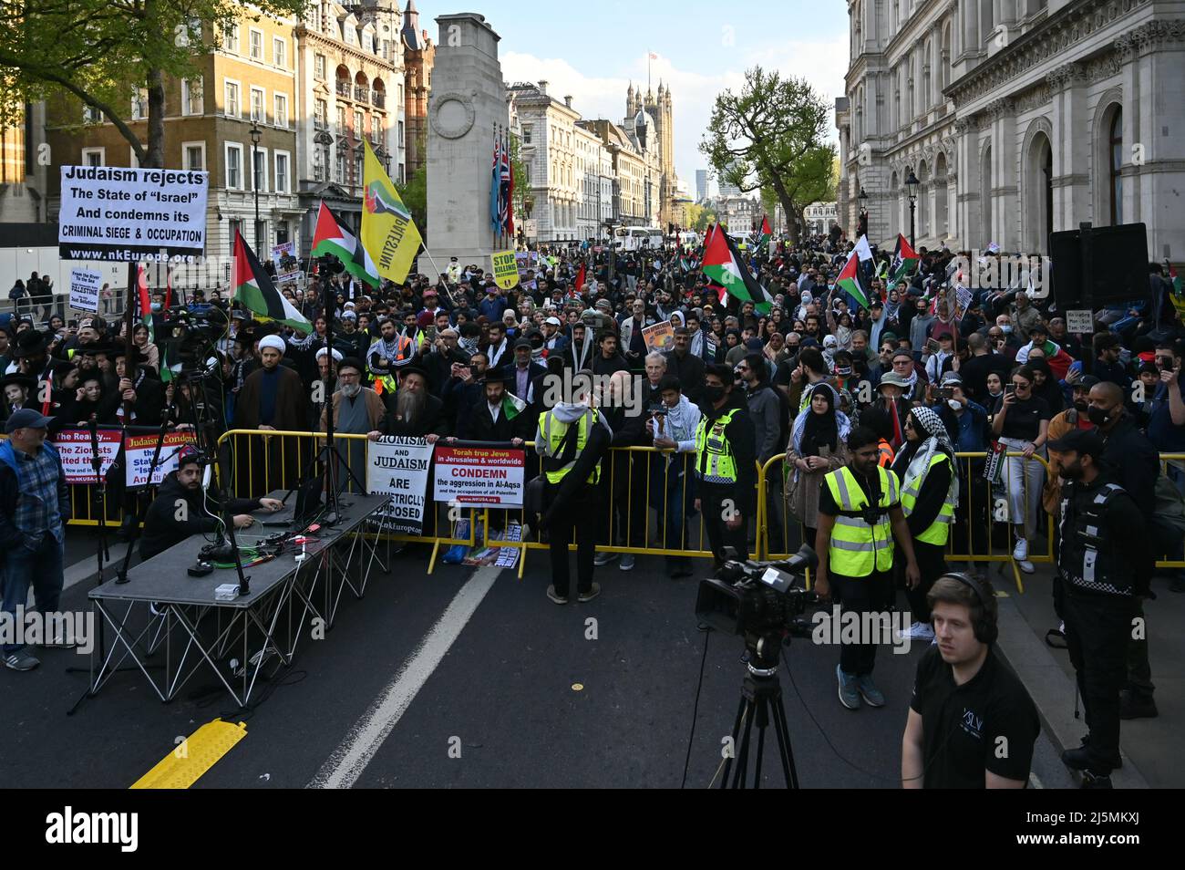 Downing Street, London, UK. 24 April 2022. Protest against Israelis police stormed Al-Aqsa mosque compound, firing rubber bullets and stun grenades during the holy Muslim fasting month of Ramadan, 57 people were wounded on Friday, including 14 Palestinians taken to hospital, one of them in a serious condition. Credit: Picture Capital/Alamy Live News Stock Photo
