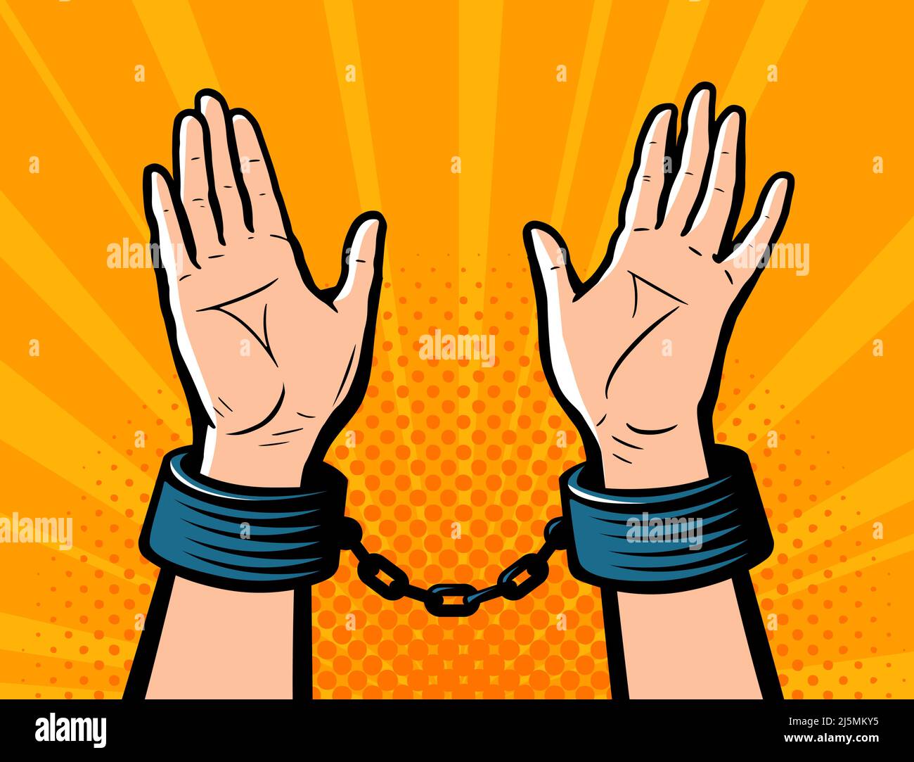 Hands in handcuffs. Handcuffed hands vector. Criminal in shackles in retro pop art comic style Stock Vector