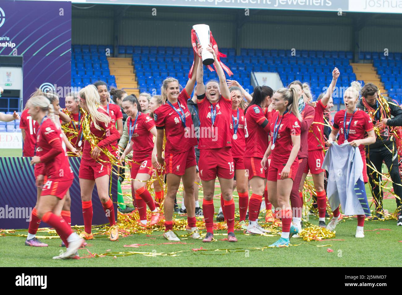 Birkenhead, UK. 24th Apr, 2022. Liverpool team celebrate with trophy after winning the FA Women's Championship 2021-22 after winning the Womens Championship football match between Liverpool and Sheffield United 6-1 at Prenton Park in Birkenhead, England. Terry Scott/SPP Credit: SPP Sport Press Photo. /Alamy Live News Stock Photo