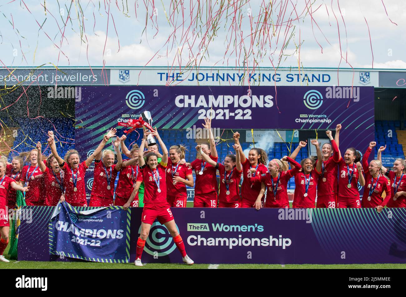 Birkenhead, UK. 24th Apr, 2022. Liverpool team celebrate with trophy after winning the FA Women's Championship 2021-22 after winning the Womens Championship football match between Liverpool and Sheffield United 6-1 at Prenton Park in Birkenhead, England. Terry Scott/SPP Credit: SPP Sport Press Photo. /Alamy Live News Stock Photo