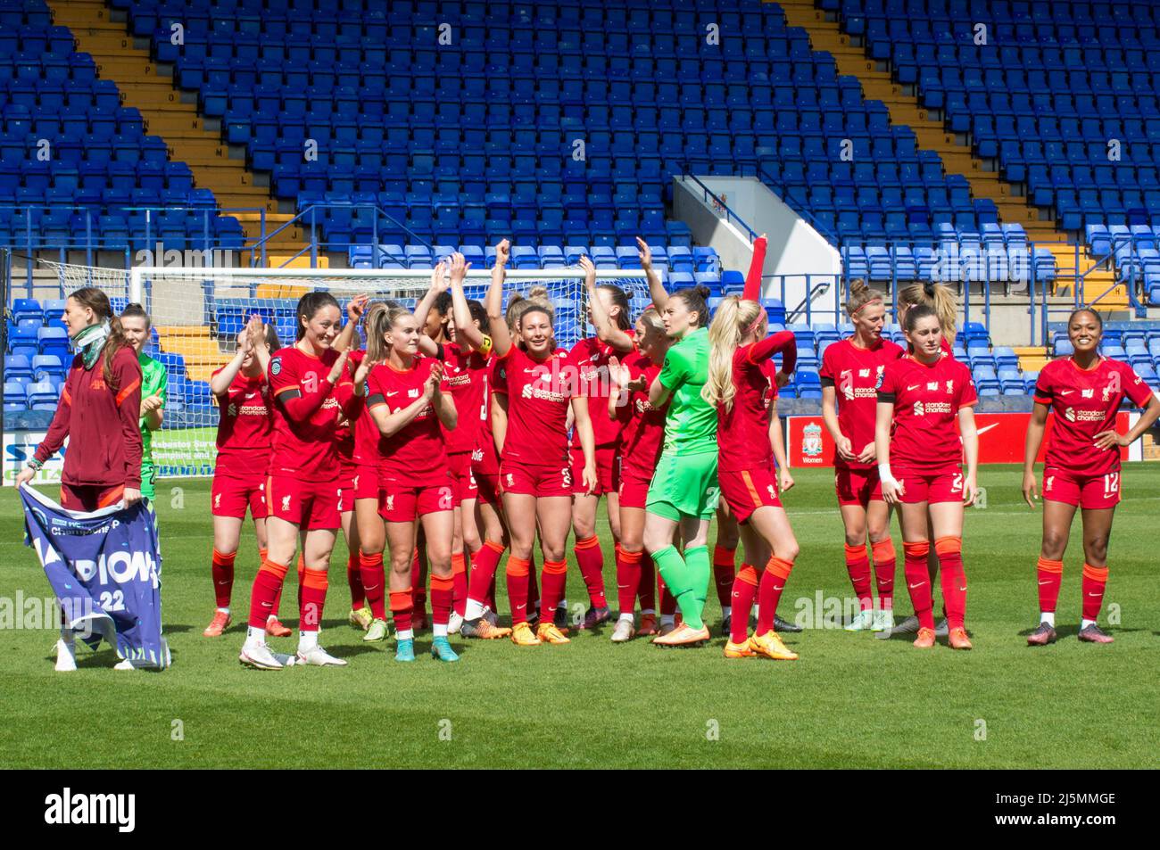 Birkenhead, UK. 24th Apr, 2022. Liverpool players celebrate a goal players celebrate after beating Sheffield United 6-1 during the Womens Championship football match between Liverpool and Sheffield United at Prenton Park in Birkenhead, England. Terry Scott/SPP Credit: SPP Sport Press Photo. /Alamy Live News Stock Photo
