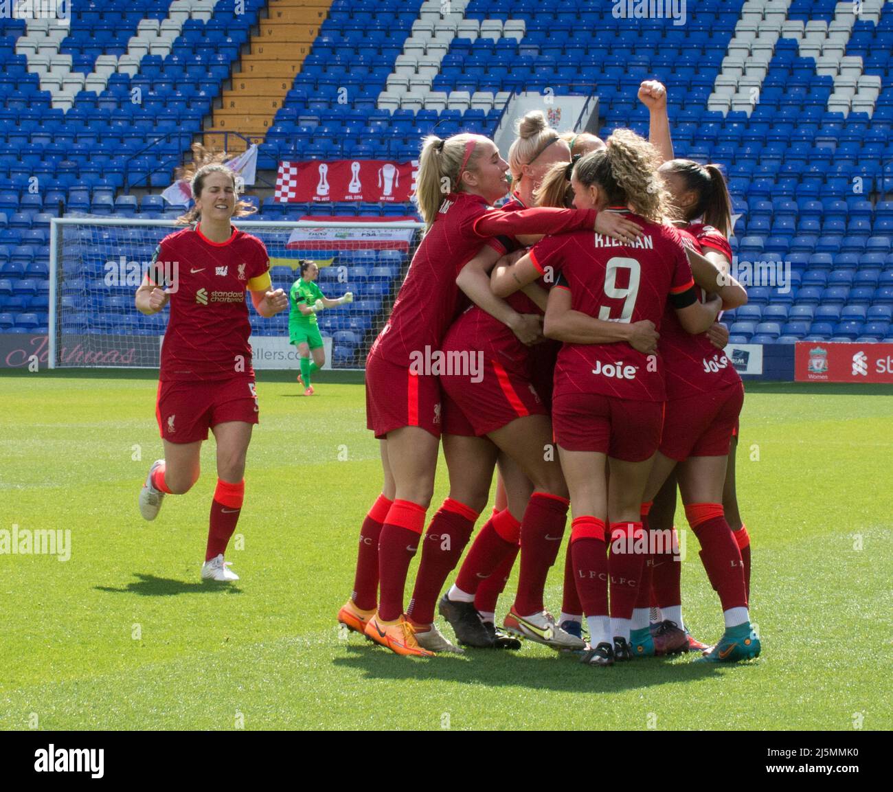 Birkenhead, UK. 24th Apr, 2022. Liverpool players celebrate a goal during the Womens Championship football match between Liverpool and Sheffield United at Prenton Park in Birkenhead, England. Terry Scott/SPP Credit: SPP Sport Press Photo. /Alamy Live News Stock Photo
