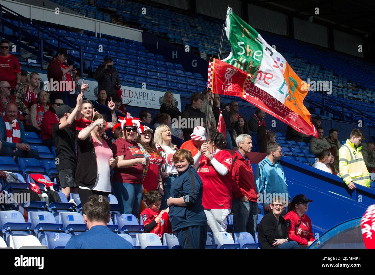 Birkenhead, UK. 24th Apr, 2022. Liverpool fans during the Womens Championship football match between Liverpool and Sheffield United at Prenton Park in Birkenhead, England. Terry Scott/SPP Credit: SPP Sport Press Photo. /Alamy Live News Stock Photo