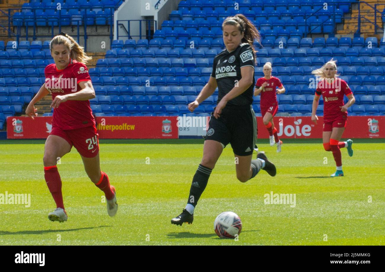 Birkenhead, UK. 24th Apr, 2022. Action during the Womens Championship football match between Liverpool and Sheffield United at Prenton Park in Birkenhead, England. Terry Scott/SPP Credit: SPP Sport Press Photo. /Alamy Live News Stock Photo