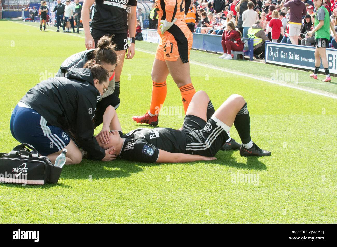 Birkenhead, UK. 24th Apr, 2022. Player injured during the Womens Championship football match between Liverpool and Sheffield United at Prenton Park in Birkenhead, England. Terry Scott/SPP Credit: SPP Sport Press Photo. /Alamy Live News Stock Photo