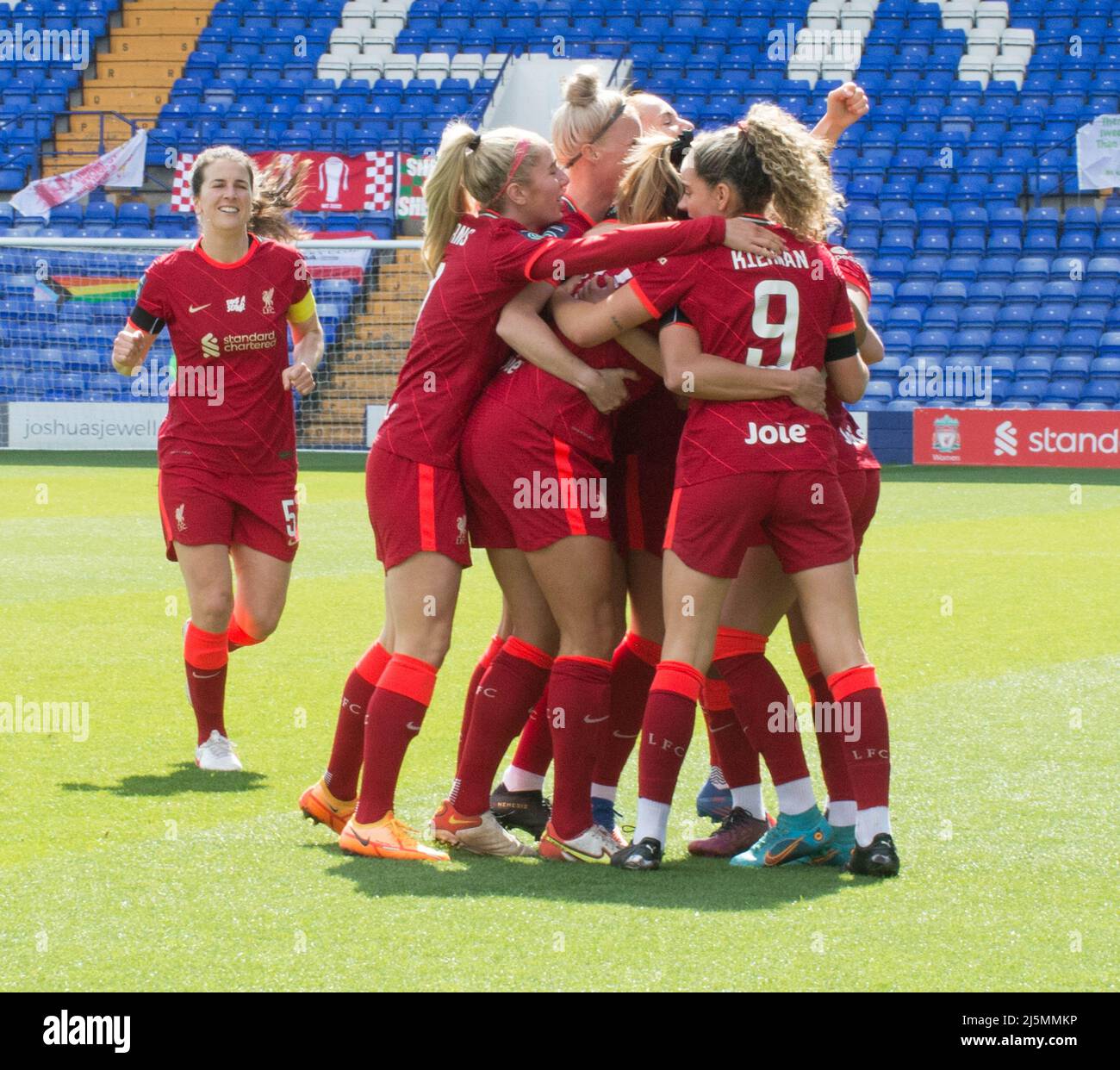Birkenhead, UK. 24th Apr, 2022. Liverpool players celebrate a goal during the Womens Championship football match between Liverpool and Sheffield United at Prenton Park in Birkenhead, England. Terry Scott/SPP Credit: SPP Sport Press Photo. /Alamy Live News Stock Photo
