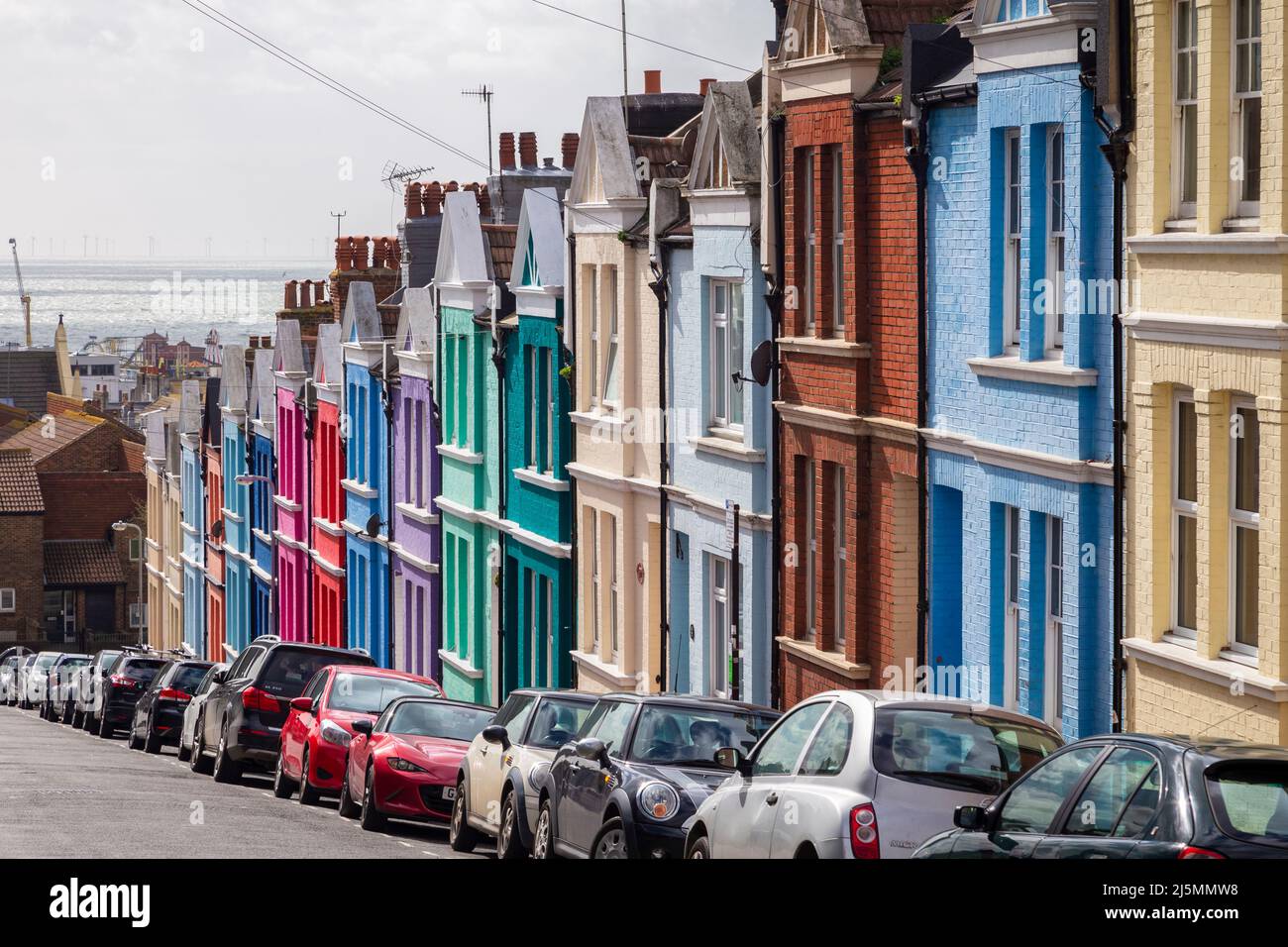 View of the colorful houses in Blaker street, Brighton, East Sussex
