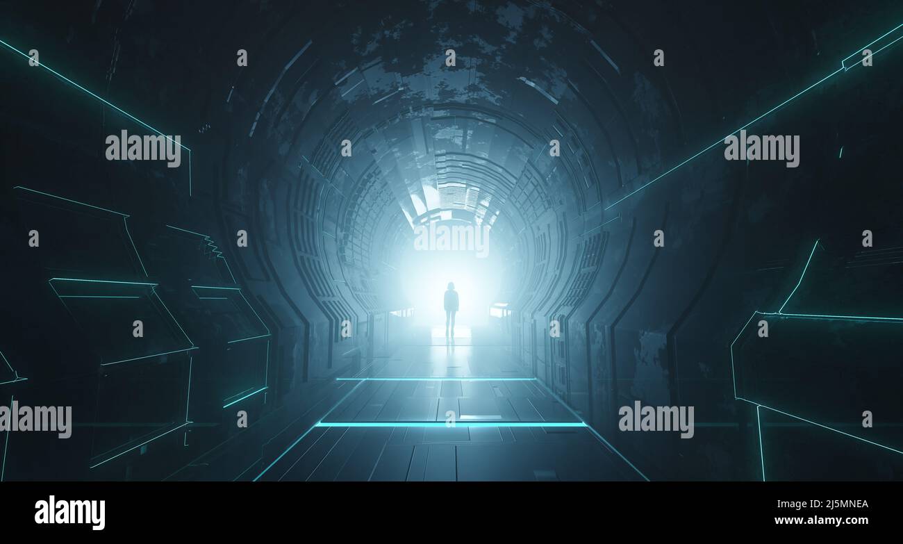 Dark abstract Sci Fi Tunnel background. Man Standing with Glowing Light ...
