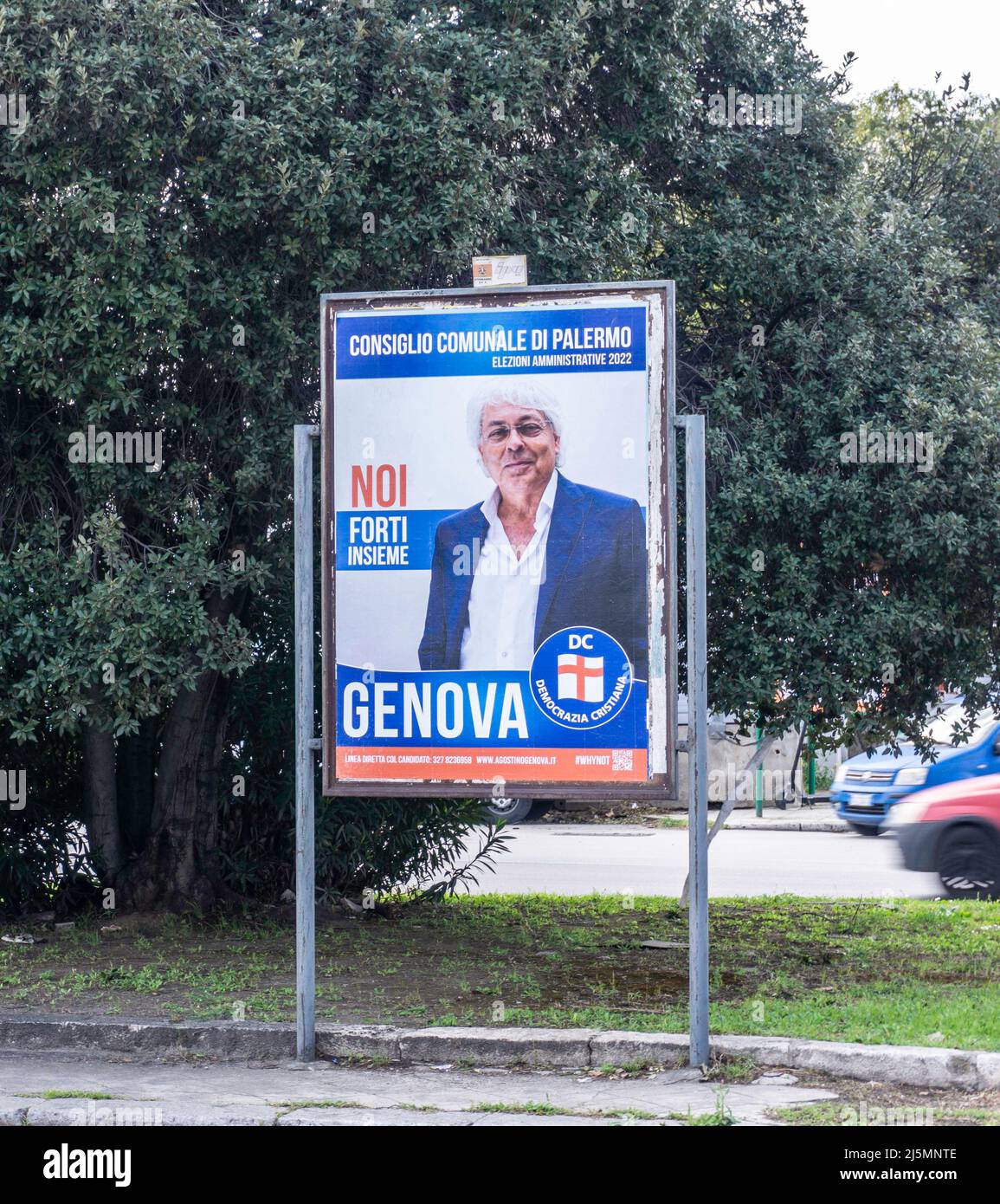 An election  poster for Agostino Genova a candidate for the 2022 city council elections in Palermo, Sicily, Italy. Stock Photo