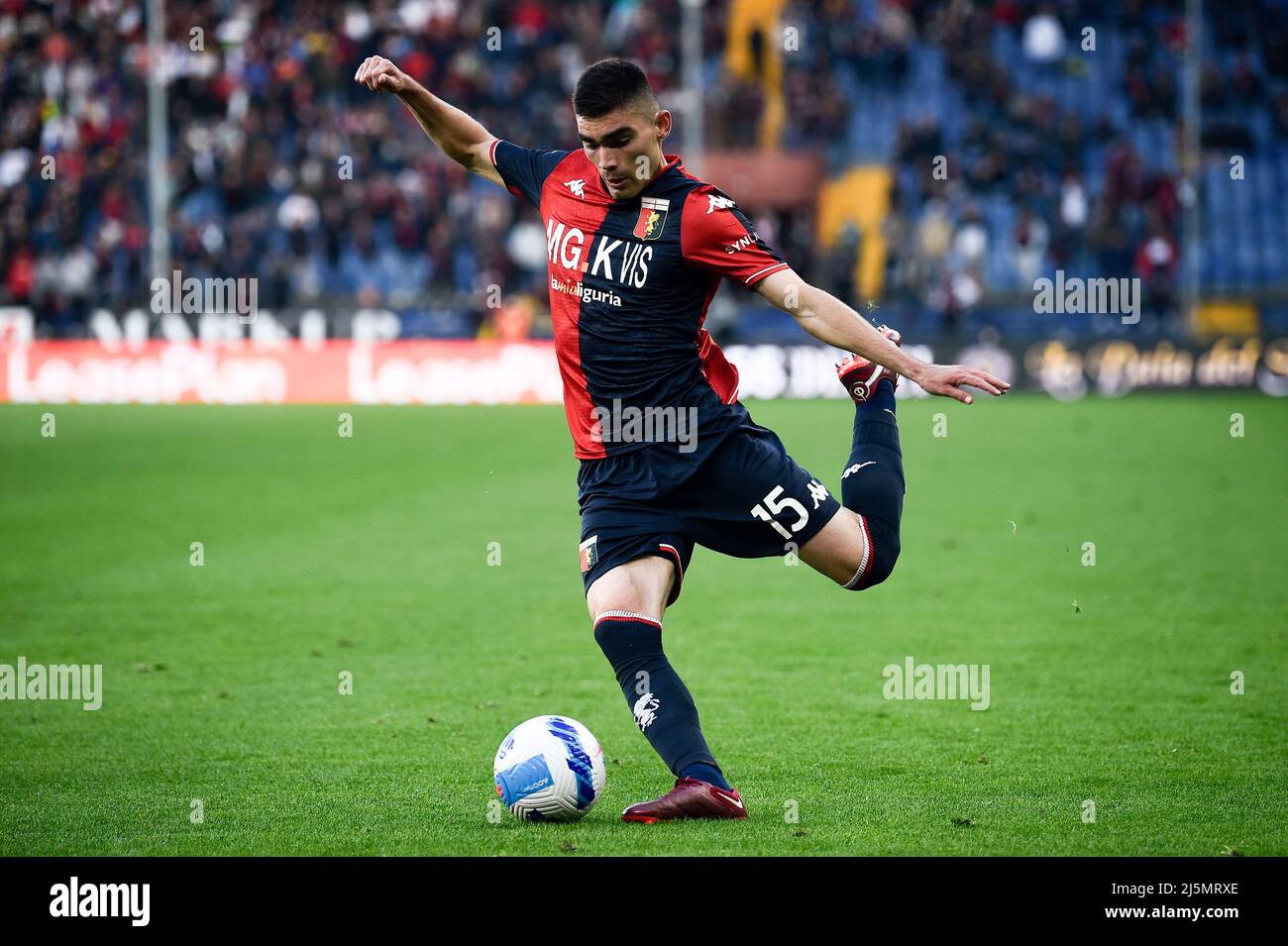 Genoa, Italy. 24 April 2022. Players of Genoa CFC celebrate the