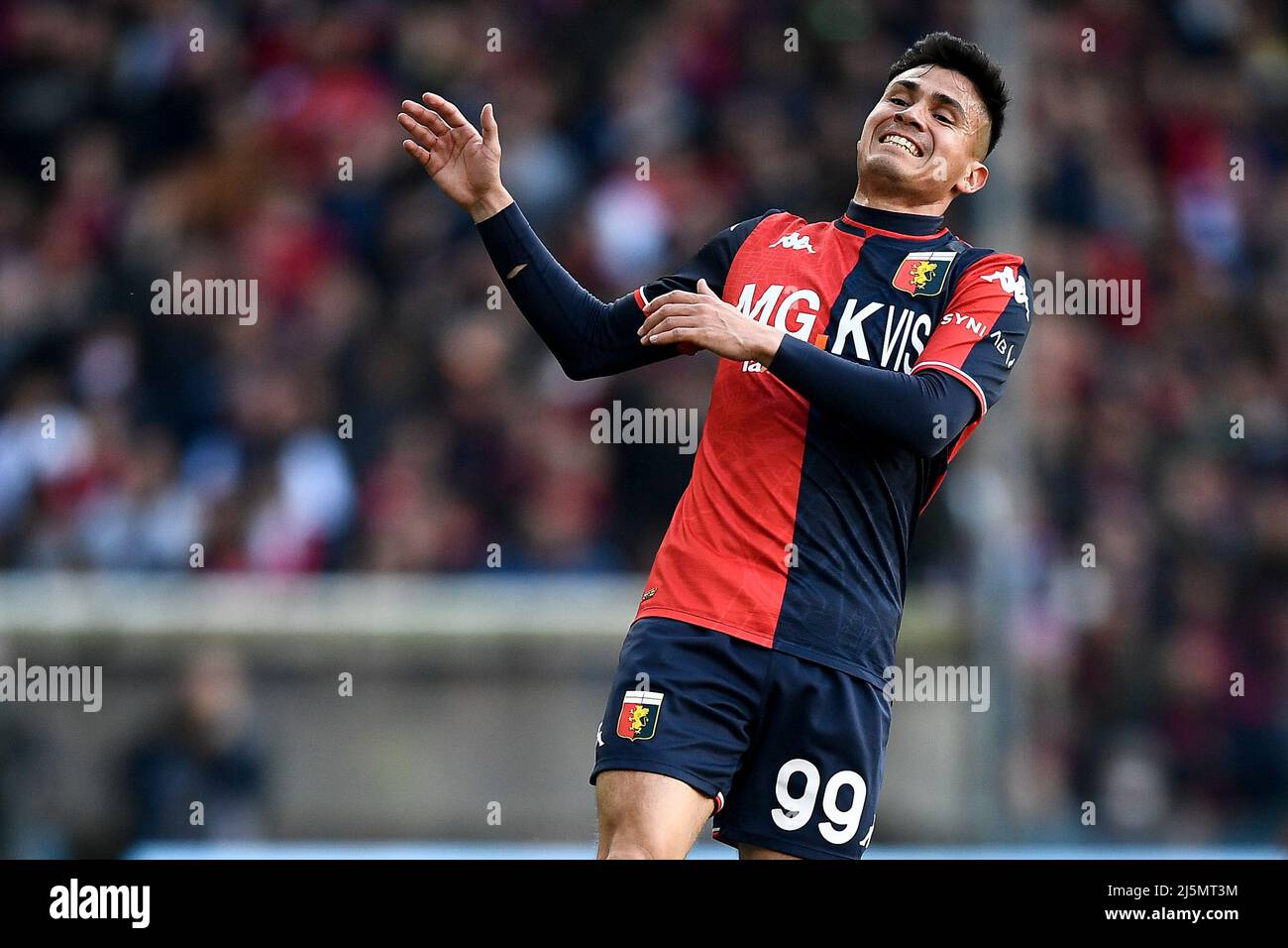 Genoa, Italy. 24 April 2022. Players of Genoa CFC celebrate the