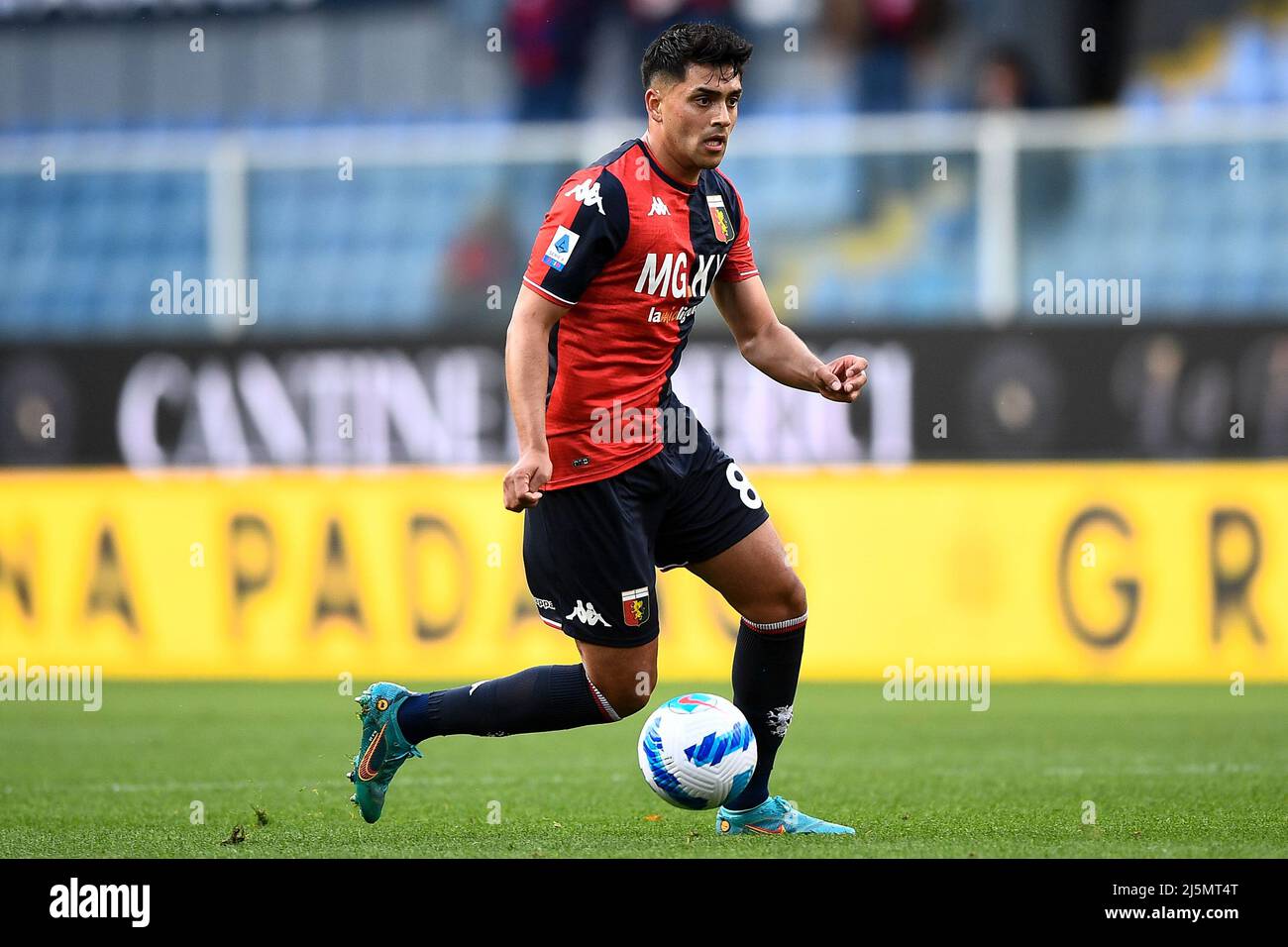 Genoa, Italy. 30 April 2022. Antonio Candreva of UC Sampdoria fouls Nadiem  Amiri of Genoa CFC during the Serie A football match between UC Sampdoria  and Genoa CFC. Credit: Nicolò Campo/Alamy Live