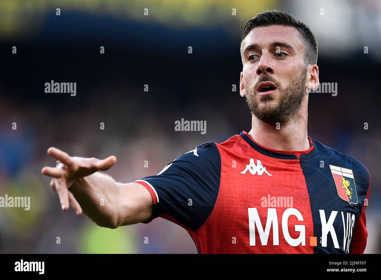 Genoa, Italy. 24 April 2022. Mattia Bani of Genoa CFC gestures during the  Serie A football match between Genoa CFC and Cagliari Calcio. Credit:  Nicolò Campo/Alamy Live News Stock Photo - Alamy