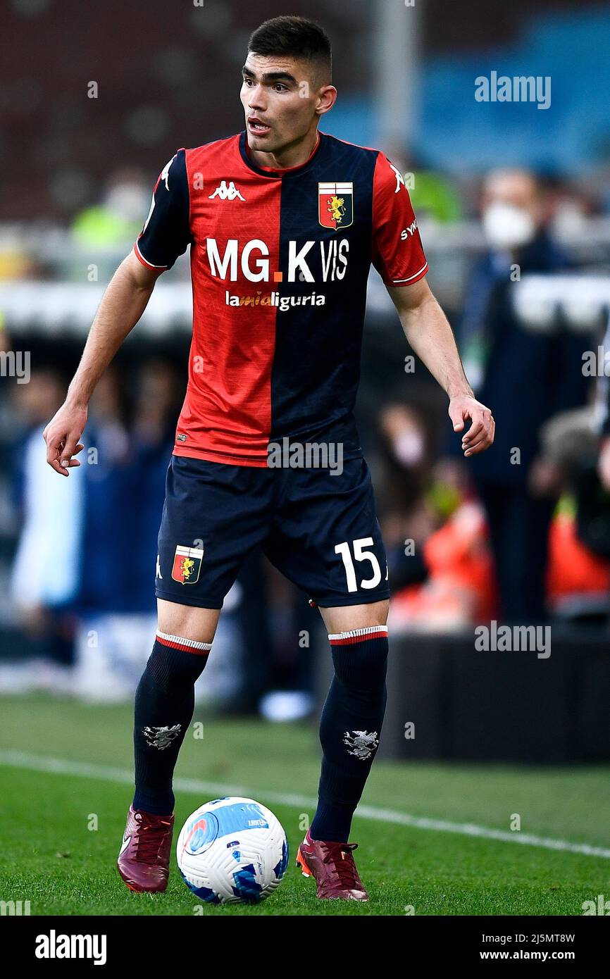 Johan Vasquez of Genoa CFC and Nicolò Zaniolo of AS Roma during football  Serie A Match at Stadio Olimpico, As Roma v Genoa on February 5, 2022 in  Rome, Italy. (Photo by