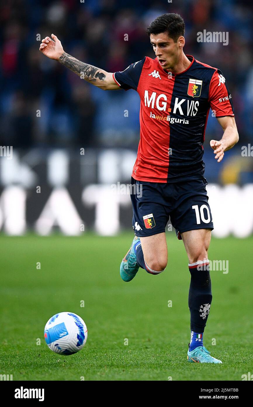 Genoa, Italy. 24 April 2022. Players of Genoa CFC celebrate the