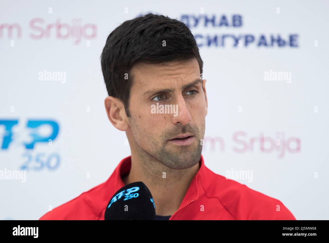 Belgrade, Serbia, 23th April 2022. Novak Djokovic of Serbia reacts during the interview after the match during the day six of Serbia Open ATP 250 Tournament at Novak Tennis Centre in Belgrade, Serbia. April 23, 2022. Credit: Nikola Krstic/Alamy Stock Photo