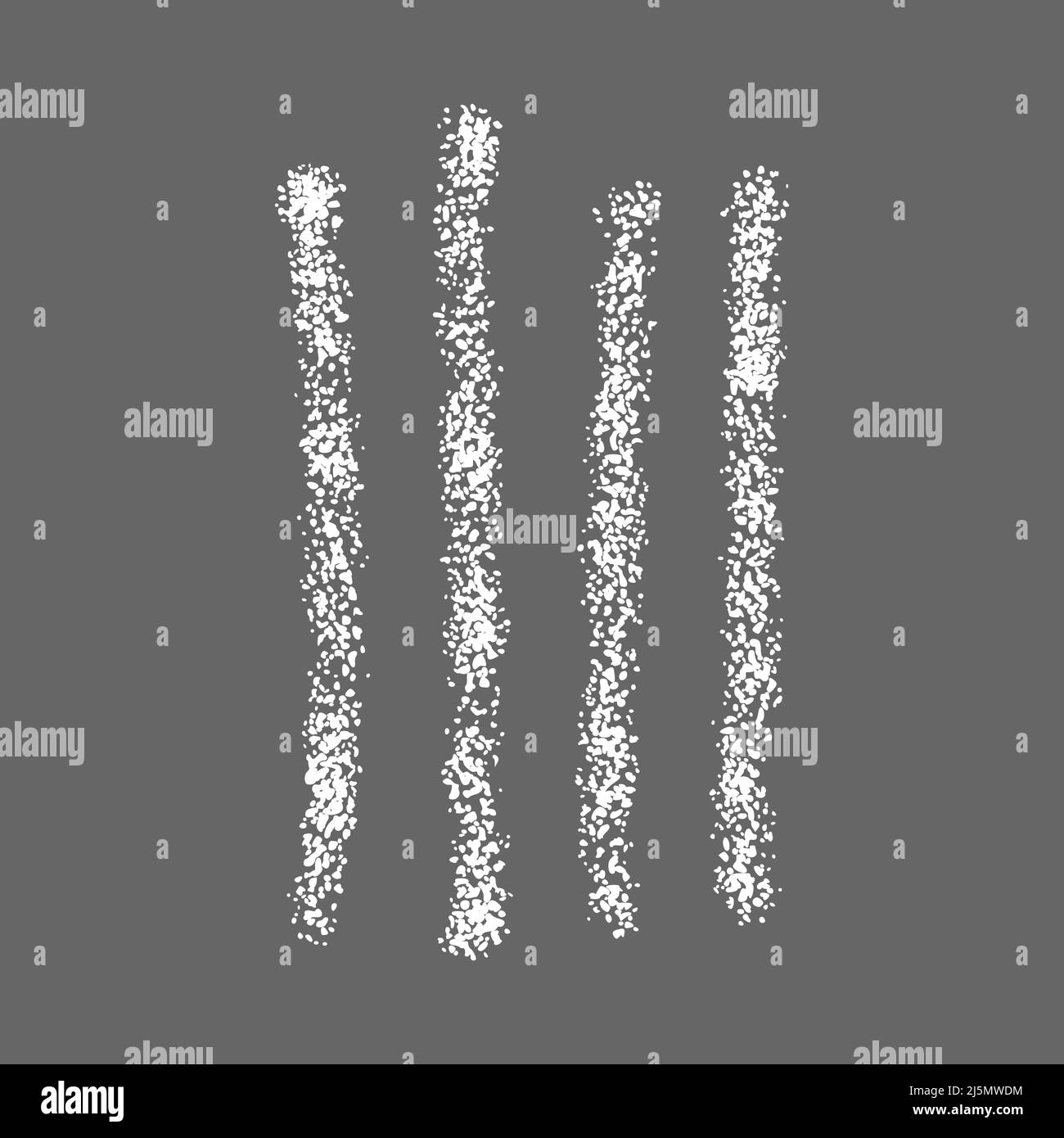 Chalk drawn tally mark symbolized number 4 on gray background. Four white hand drawn sticks, cunting stripes on chalkboard. Unary numeral system sign. Vector realistic illustration Stock Vector
