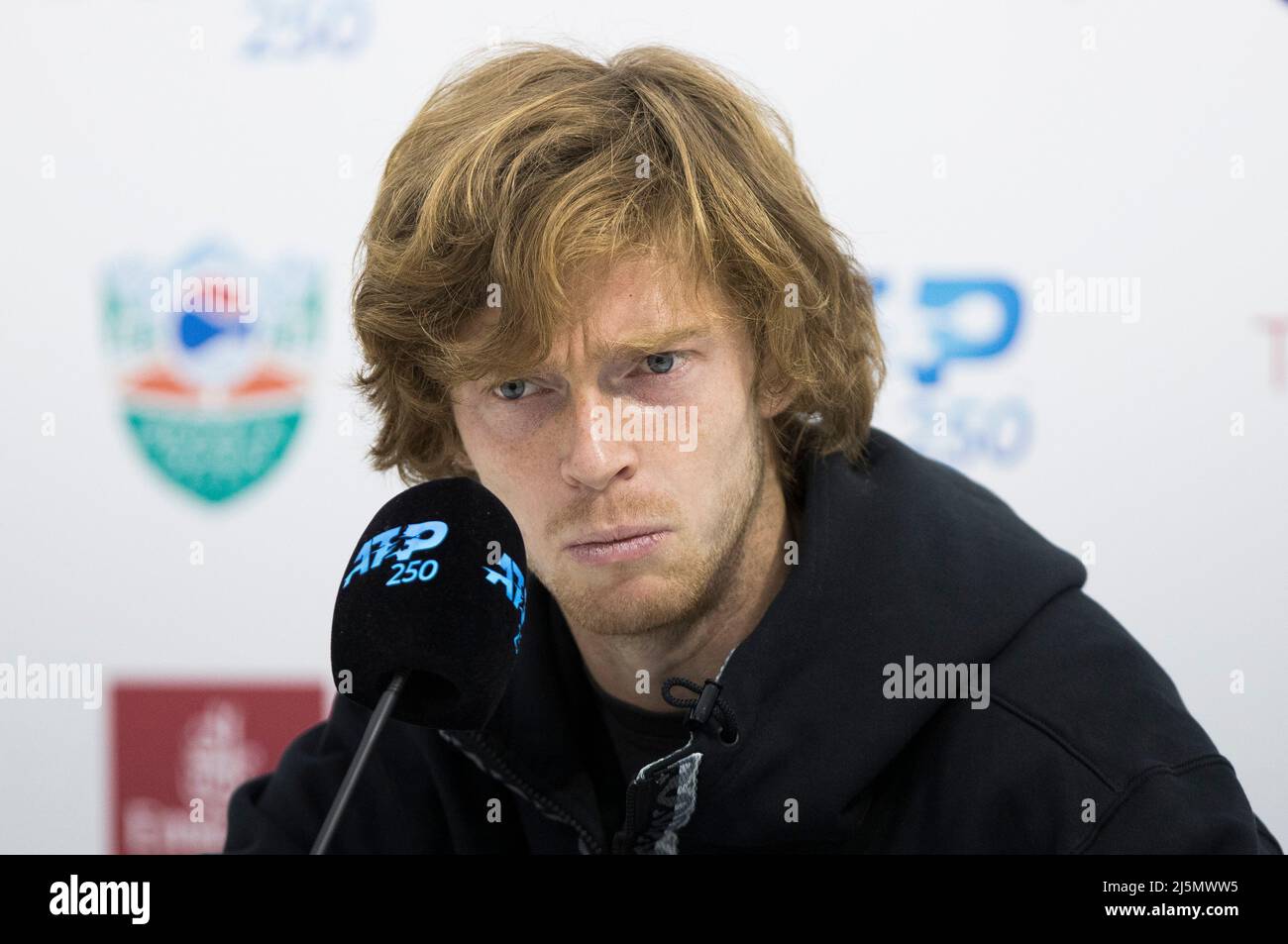 Belgrade, Serbia, 23th April 2022. Andrey Rublev of Russia during the press  conference during the day six of Serbia Open ATP 250 Tournament at Novak  Tennis Centre in Belgrade, Serbia. April 23,