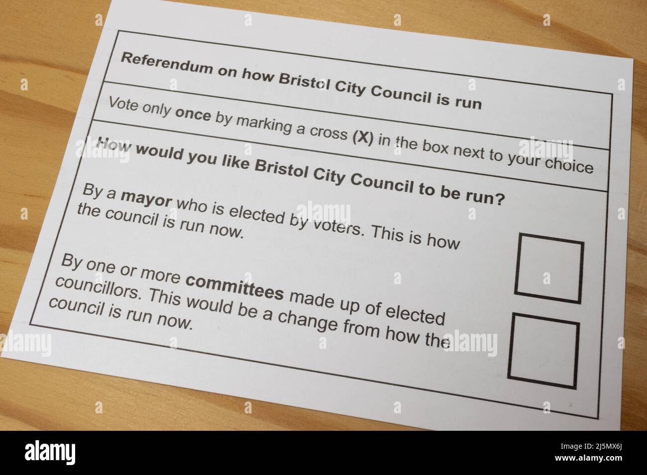 Ballot for the May 2022 Referendum on Bristol's Mayor Stock Photo