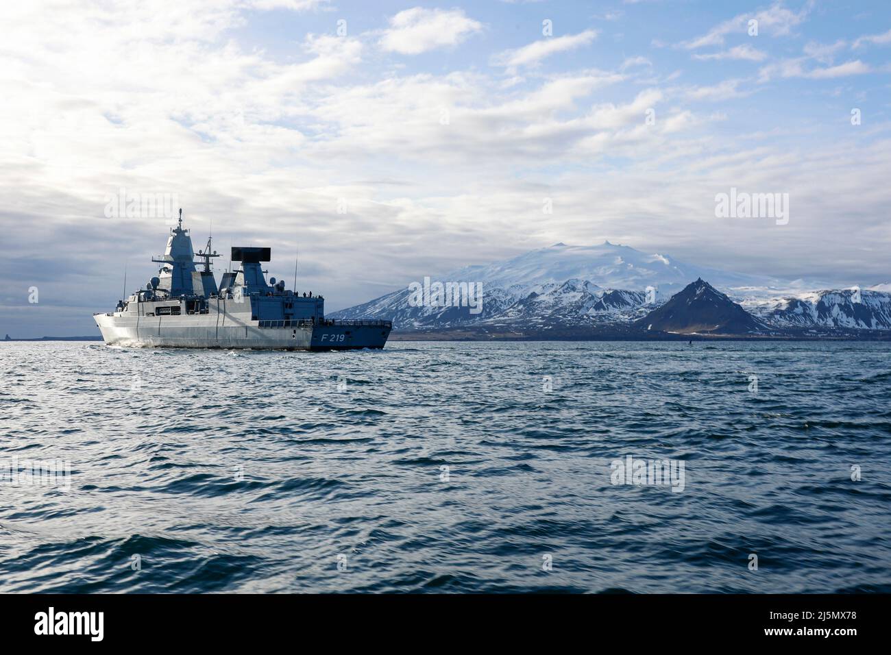 FGS Sachsen, Iceland. 14 April, 2022. The German Navy Sachsen-class air-defense frigate FGS Sachsen transits the North Atlantic Ocean during NATO exercise Northern Viking 22, April 14, 2022 in Iceland.  Credit: German Navy/Planetpix/Alamy Live News Stock Photo